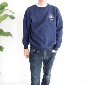 SMS Athletics Crew Neck Sweater Navy Blue White Lettering Size Medium Men Unisex